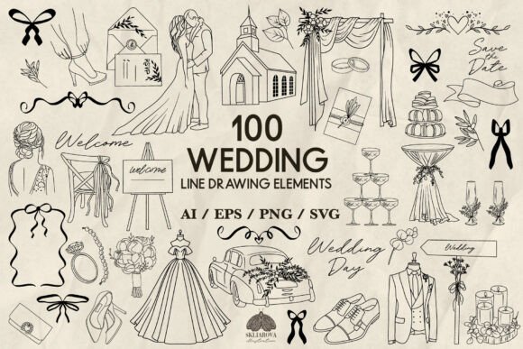 Download Wedding SVG Bundle, Line Drawing Set - Wing Collection