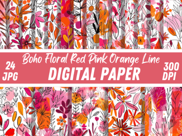 Download Boho Floral Red Pink Orange Line Pattern - Ink Collection