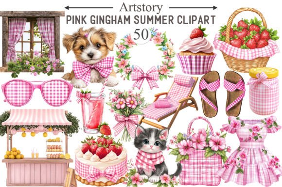Download Bohemian Pink Gingham Summer Clipart - Premium Bundle
