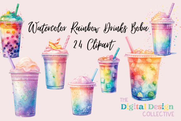 Download Watercolor Rainbow Drinks Boba Bundle - Ink Collection