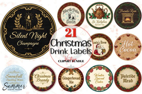Download Vintage Christmas Round Drink Labels PNG - Ink Collection